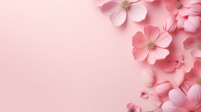  pink flowers on a pink background with a place for a text or an image to put on a card or brochure.