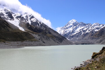 glacial lake New Zealand with mountains with snow in the back