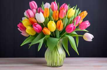 A vase of colorfull tulips on a table