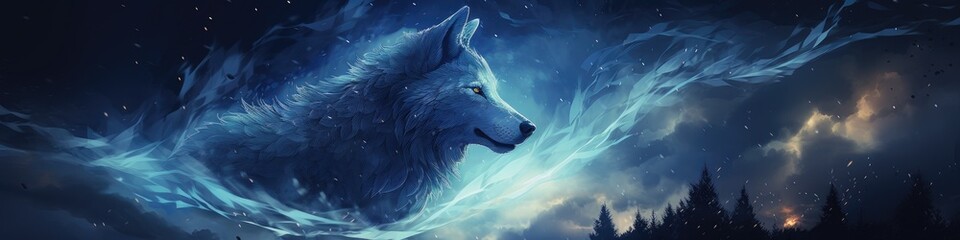 Portrait of wolf on the blue midnight sky banner, wildlife concept - obrazy, fototapety, plakaty