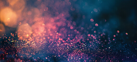 Abstract blur bokeh banner background. Gold, yellow, pink bokeh on defocused navy blue background