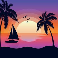 Evening on the beach with palm trees and sailboat. Colorful illustration for relaxation. Orange sunset on orange sky with silhouette of a sailboat floating on the sea. Vector flat illustration