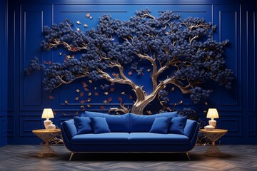 A vibrant, elaborate 3D tree design weaving on a solid cobalt wall, enriching the space featuring a sofa.