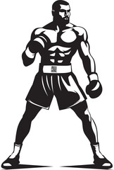 Fototapeta na wymiar Ring Ruler Black Logo of Boxer Man Combat Hero Iconic Black Cartoon Boxer