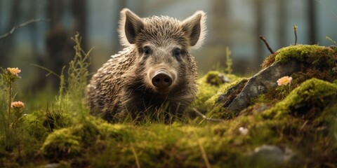 Fototapeta premium Portrait of wild boar in the nature, wildlife animal concept