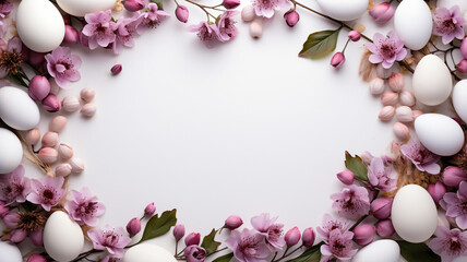 Empty white frame decorated with eggs, flowers and candies. White background banner mockup for congratulations on Easter