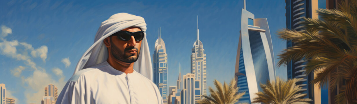 Portrait of very posh or rich sheik in the modern city
