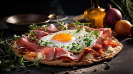 Fototapeta na wymiar a pizza topped with ham, cheese and an egg on top of it next to other food on a table.