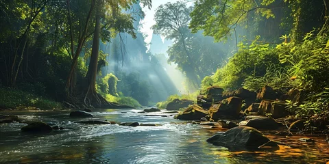 Gordijnen tropical rainforest river landscape, a mysterious temple in the jungle © Riverland Studio
