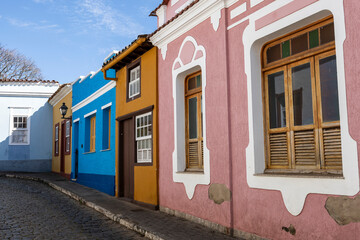 Fototapeta na wymiar Characteristic architecture in the historic Sao Joao del Rei, colonial city on Minas Gerais state, Brazil