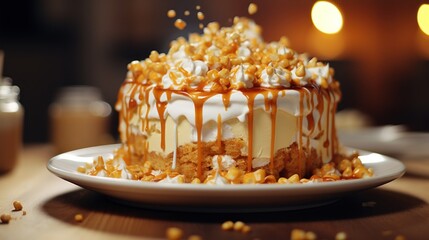  a cake sitting on top of a white plate covered in caramel drizzle and marshmallows.