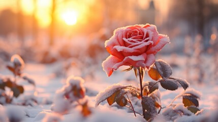 broken heart red rose on snow floor on a snowy storm valentine's day. - obrazy, fototapety, plakaty