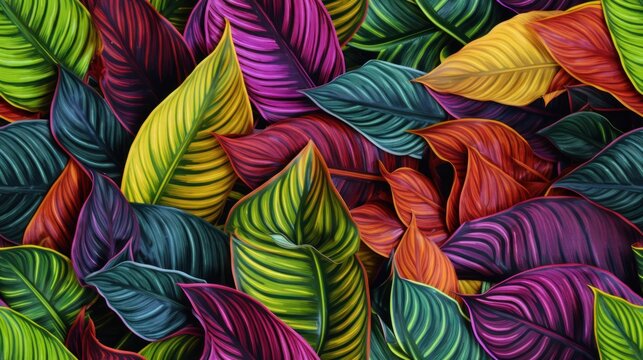  a painting of colorful leaves with green, red, yellow, and purple leaves in the middle of the image.