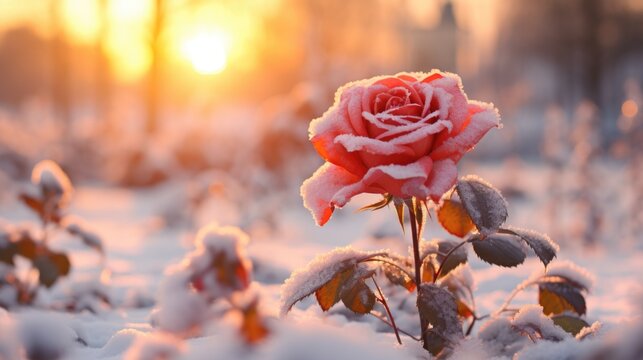 broken heart red rose on snow floor on a snowy storm valentine's day.