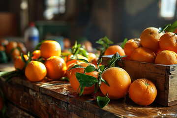 Fresh tangerines with stems and leaves, for chinese new year celebrate - obrazy, fototapety, plakaty