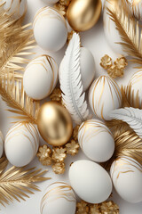 Flat lay minimalistic gold and white easter composition with leaves and eggs on white background. Mockup for congratulations