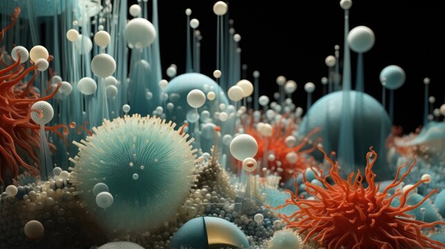  an image of an underwater scene with corals and sea urchins on the bottom of the ocean floor.