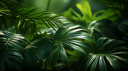 beautiful green jungle of lush palm leaves, palm trees in a tropical forest,  nature concept for panorama wallpaper