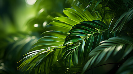 beautiful green jungle of lush palm leaves, palm trees in a tropical forest,  nature concept for panorama wallpaper
