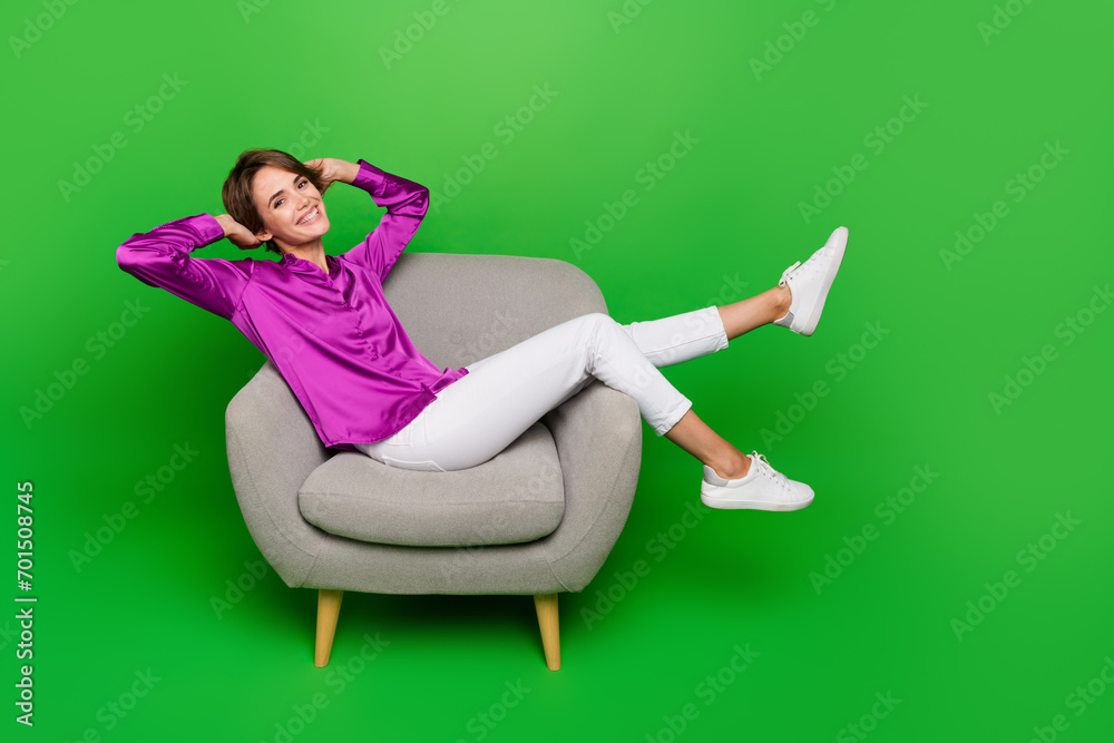 Sticker full body photo of young cheerful lady take nap laying comfortable gray armchair in office and have 