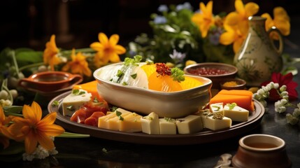  a platter of cheese and vegetables on a table with flowers and saucers on the side of the plate.