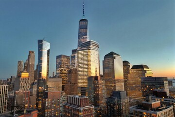 Naklejka premium NYC skyline. Manhattan view from New Jersey, NYC skyscraper. Drone aerial view of New York City. Big Apple. NYC panorama from Hudson. Cityscape landmark. Lower Manhattan NYC.