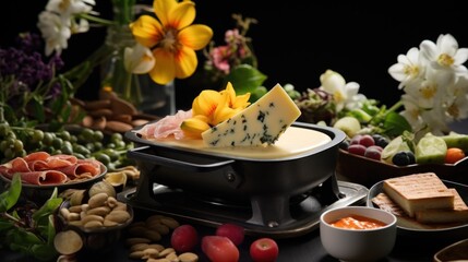  a platter of cheese, crackers, nuts, and other food on a table with flowers in the background.