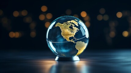 Fototapeta na wymiar A glase globe with black and golden background, bokeh effect, space for text - Generative AI