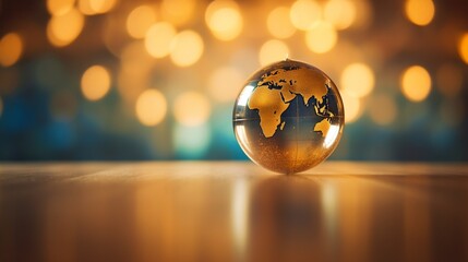 A glase globe with golden background, blur effect, space for text - Generative AI