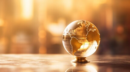 A glase globe with golden background, blur effect, space for text - Generative AI