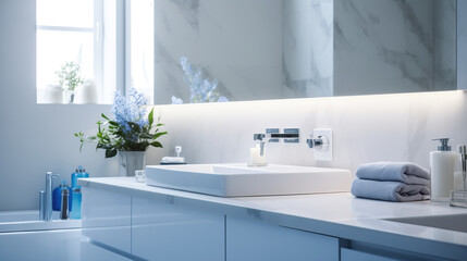 Interior Design. Bathroom. Cold and warm lighting. Blue and white mirror illumination. Washbasin, shelf, cabinet. Beautiful marble tiles and tiles. Wood texture. House plants. Modern minimalist style.