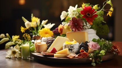  a close up of a plate of food on a table with flowers and a vase of flowers in the background.