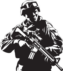 Combat Gunner Troop Vector Emblem Gun Wielding Soldier Black Iconic Design