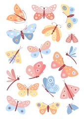 Playful  art print with butterflies. Whimsical butterflies. Pastel butterfly design. Nursery art
