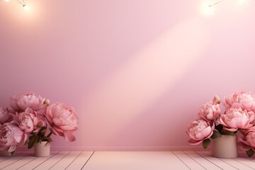 Fototapeta na wymiar Softly illuminated peonies on a gentle pink background, harmoniously framing an inviting space for creative textual elements.