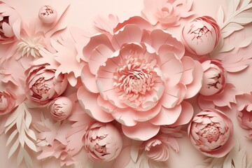 Soft-hued peonies intricately placed on a pastel pink surface, forming an abstract floral layout designed for creative text placement.