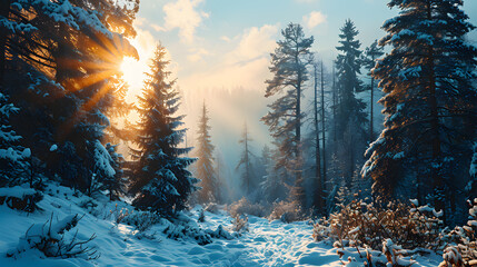 Winter snow-covered forest background with copy space.  - obrazy, fototapety, plakaty