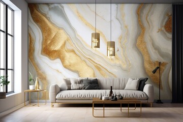 Glimmering with elegance, a golden resin geode presents an abstract marble wallpaper, a luxurious statement piece for upscale wall decor. - obrazy, fototapety, plakaty
