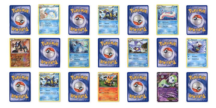 Heading of real used pokemon trading cards heading banner, collectable rare game cards in white