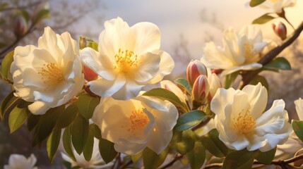  a bunch of white flowers are blooming on a tree branch in the sun shining through the leaves of the tree.