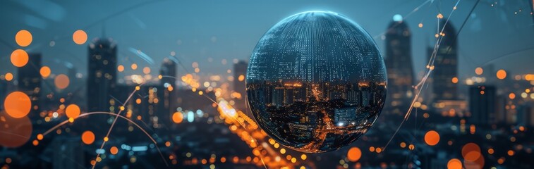A technological globe in the middle of a cityscape. Technology concept - obrazy, fototapety, plakaty