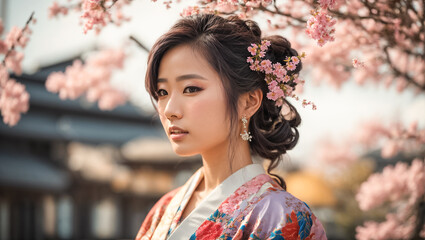 Portrait of a beautiful Japanese girl, flower park
