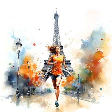 Athlete running in Paris watercolor paint 