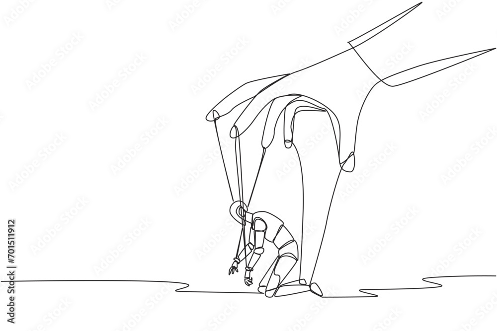 Poster single continuous line drawing robot kneel, entire body bound by ropes controlled by giant hands. de