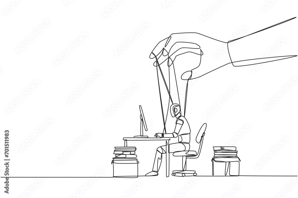 Poster single continuous line drawing robot typing on a laptop, hand moved by rope controlled by a giant ha