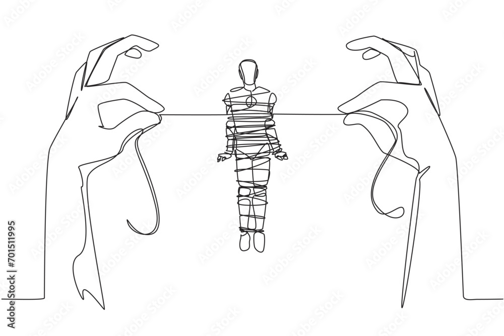 Poster single continuous line drawing robot standing and tied by a rope held by 2 giant hands. incorrect pr