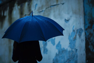 Blue Monday background. Most depressing day of the year. Feelings of depression, sadness, loneliness, melancholy. Lonely alone woman with big blue umbrella in city street - obrazy, fototapety, plakaty