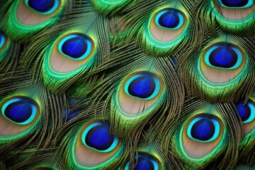 Peacock feathers closeup. Colorful peacock feathers