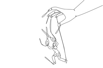 Single one line drawing Arabian businesswoman walking moved by ropes controlled by giant hand. Untangle with scissors. Freedom to move forward for better business. Continuous line graphic illustration
