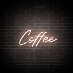 Coffee. Aesthetic decoration for coffee shops, restaurants. Neon brown typography isolated on brick wall.